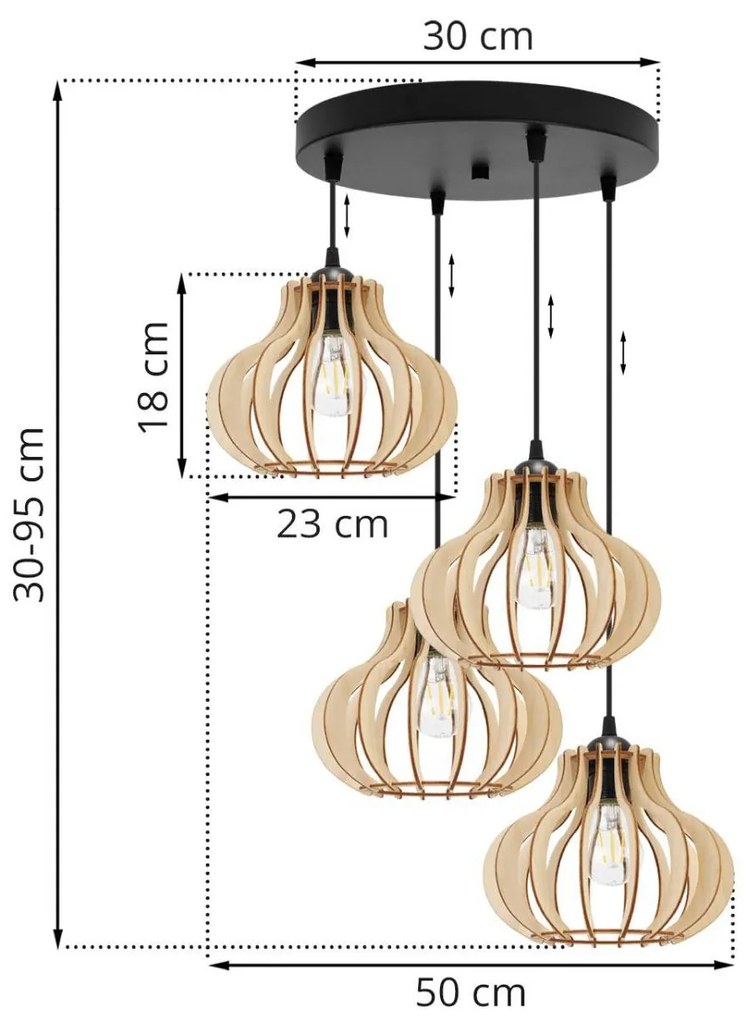 Závesné svietidlo Timber 3, 4x drevené tienidlo, o