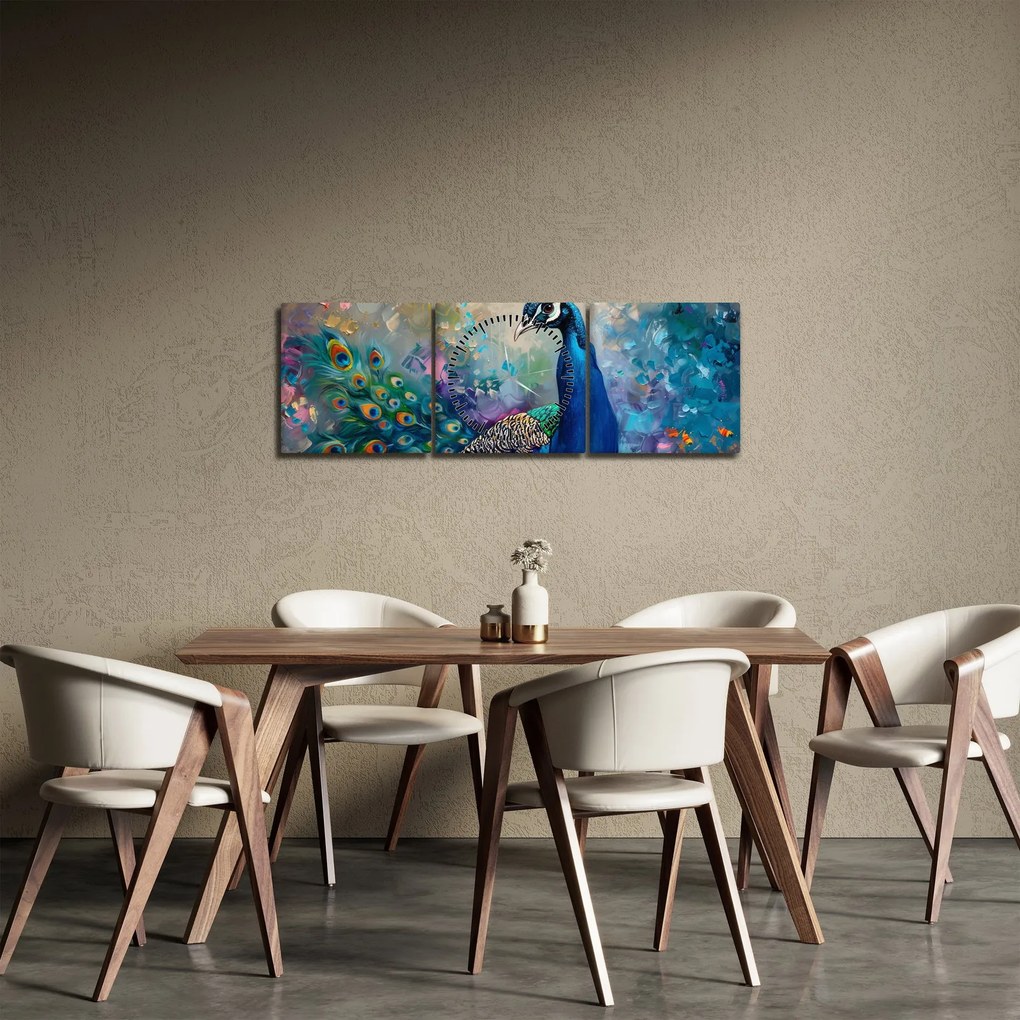 Obraz - Maľba páva (s hodinami) (90x30 cm)