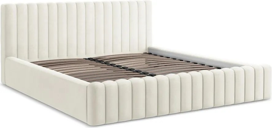 Krémová čalúnená dvojlôžková posteľ s úložným priestorom s roštom 140x200 cm Lemi – Makamii