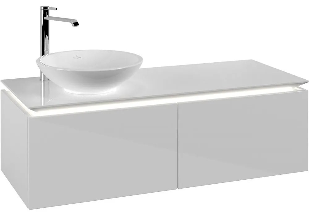VILLEROY &amp; BOCH Legato závesná skrinka pod umývadlo na dosku (umývadlo vľavo), 2 zásuvky, s LED osvetlením, 1200 x 500 x 380 mm, Glossy White, B579L0DH