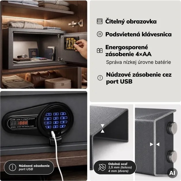 Hotelový trezor elektronický s kódovým zámkom, na notebook 15″ a dokumenty, 200 x420x370 mm: ALFRED