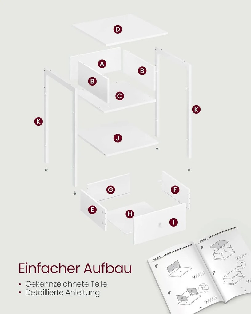 Nočný stolík, príručný stolík so zásuvkou a policou, matný biely