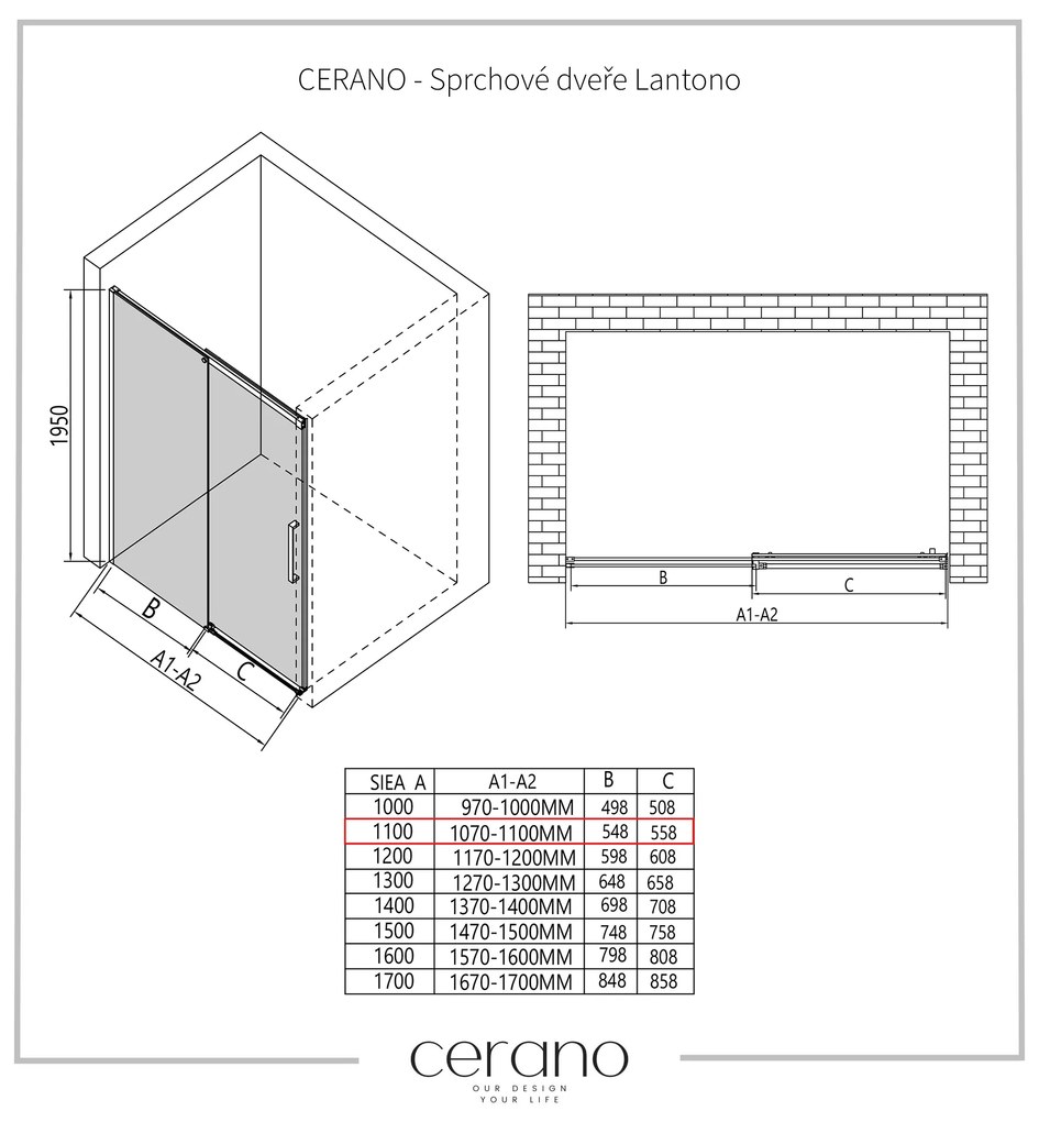 Cerano Lantono, posuvné dvere do otvoru 110x195 cm, 8mm číre sklo, chrómový profil, CER-CER-431893