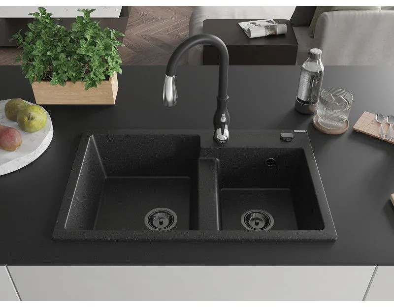 Mexen Tomas, granitový drez 800x500x190 mm, 2-komorový a drezová batéria Savita, čierna-strieborná metalíza, 6516-73-672601-70-B