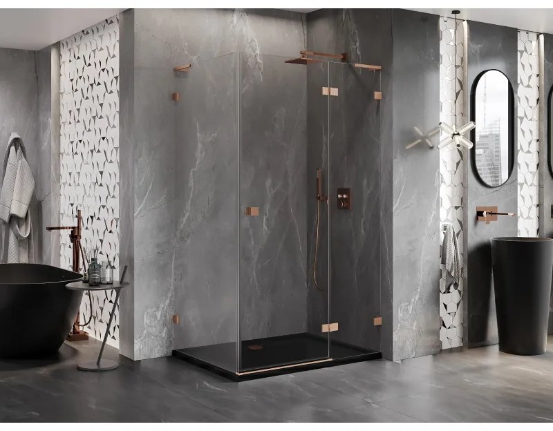 Mexen Lunar, L pravostranný výklopný sprchový kút 95 x 80 cm, 8mm číre sklo, profil medená matná, 834L-095-080-65-00-P