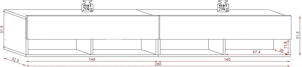 Závěsný TV stolek Derby 280 cm černý mat/černý lesk