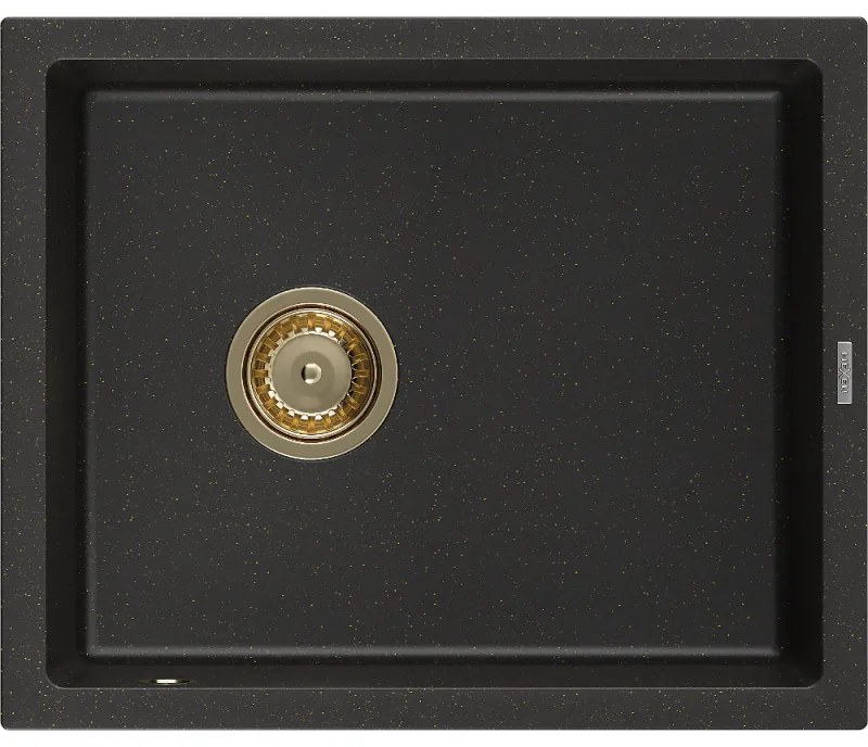 Mexen Pedro, granitový drez 560x460x200 mm, 1-komorový, čierna-zlatá metalíza so zlatým sifónom, 6508561000-75-G
