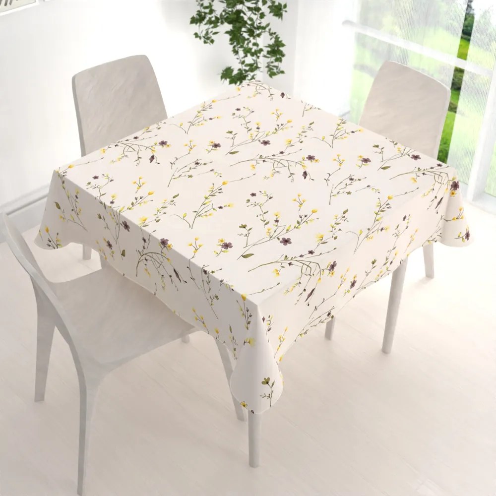 Biante Bavlnený štvorcový obrus Sandra SA-496 Žlté a hnedofialové lúčne kvietky na krémovom 80x80 cm