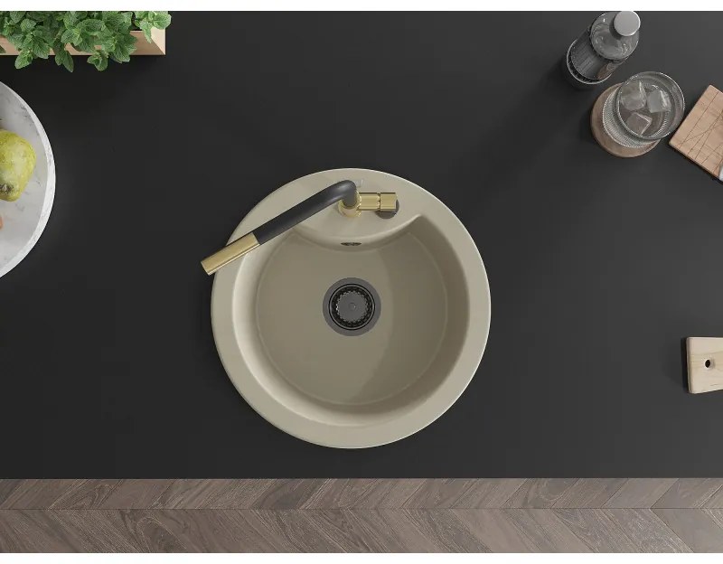 Mexen Diego, 1-komorový granitový drez 488x488x167 mm a drezová batéria Flora, béžová, 6512-69-670401-57-B