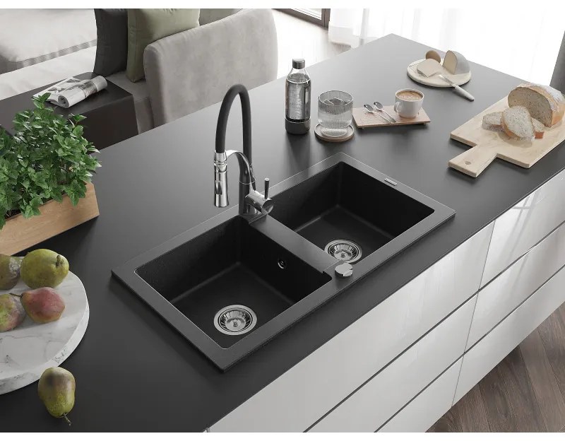 Mexen Mario, granitový drez 820x436x161 mm, 2-komorový a drezová batéria Aster, čierna-strieborná metalíza, 6504-73-73450-07