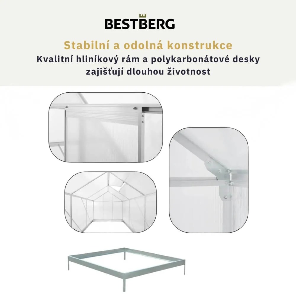 Skleník so základňou BestBerg SBP-4 / 3,6 m² / 190 x 190 x 201 cm / strieborná