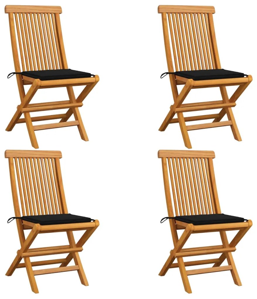 Záhradné stoličky, čierne podložky 4 ks, tíkový masív 3062575
