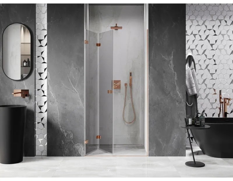 Mexen Lunar-F, skladacie ľavé sprchové dvere 100 cm, 8mm číre sklo, medený matný profil, 836-100-000-65-00-L