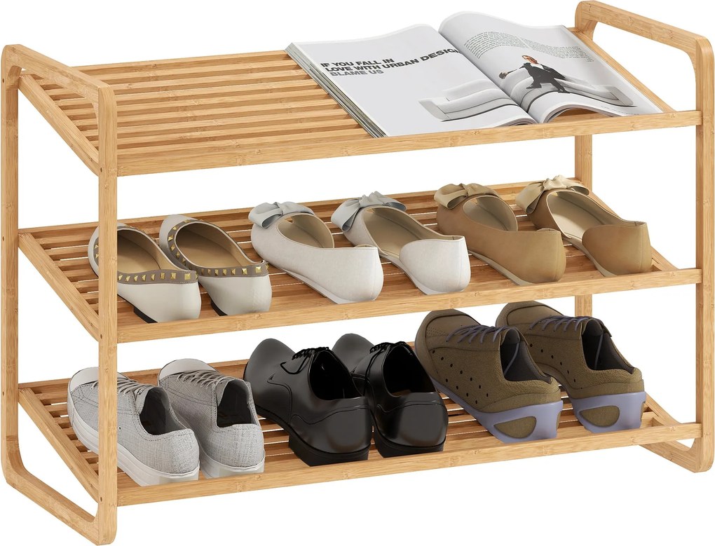 HOMCOM 3-podlažný botník z bambusu pre 12 párov topánok, organizér na obuv, 76x33x50,8 cm, prírodný | Aosom