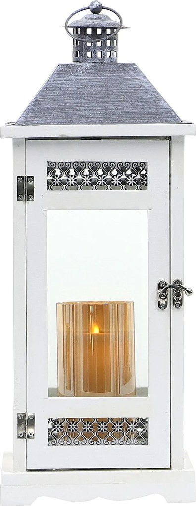 Drevený lampáš s čipkovanou ozdobou MSL3088 - biely (18x18x47 cm) - moderný štýl