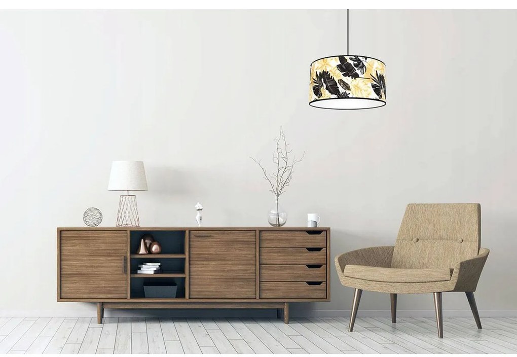 Závesné svietidlo Gold Flowers, 1x biele textilné tienidlo s kvetinovým vzorom, (výber z 2 farieb konštrukcie), (fi 40cm)