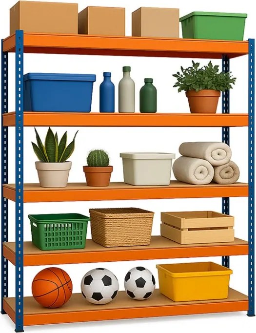Akcia 5x Regál 216x120x50 cm profesionálny 5-policový, nosnosť 1500 kg - modro-oranžový