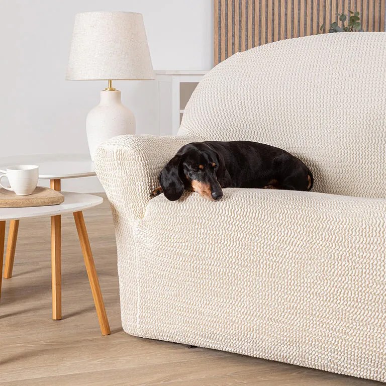Bielastické poťahy COSTINA smotanová sedačka s otomanom vpravo (š. 170 - 300 cm)