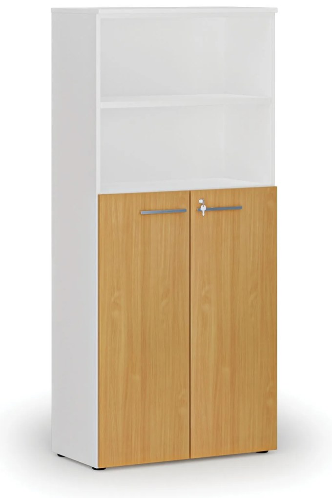 Kombinovaná kancelárska skriňa PRIMO WHITE, dvere na 3 poschodia, 800 x 420 x 1781 mm, biela/buk