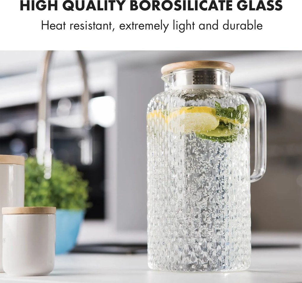 Klarstein Livenza, džbán na vodu, 1,9 l, borosilikátové sklo, sitko z nehrdzavejúcej ocele, vrchnák z dubového dreva