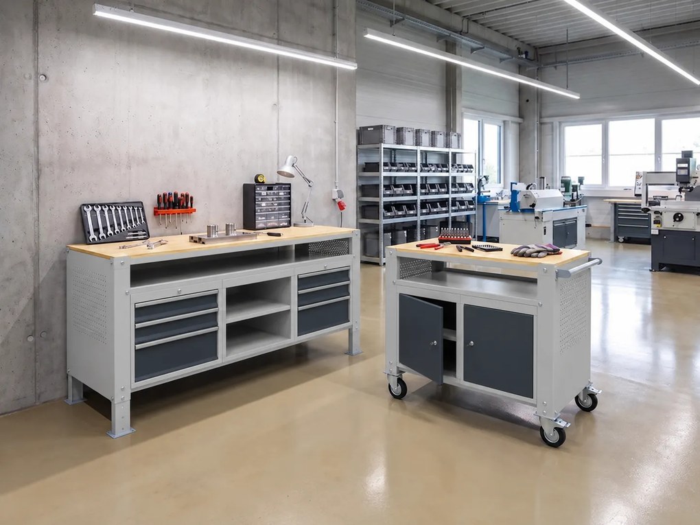 Dielenský stôl G9, 1 skrinka, 5 zásuviek, výškovo nastaviteľný, 1180 x 595 x 715-975 mm, sivá/grafit