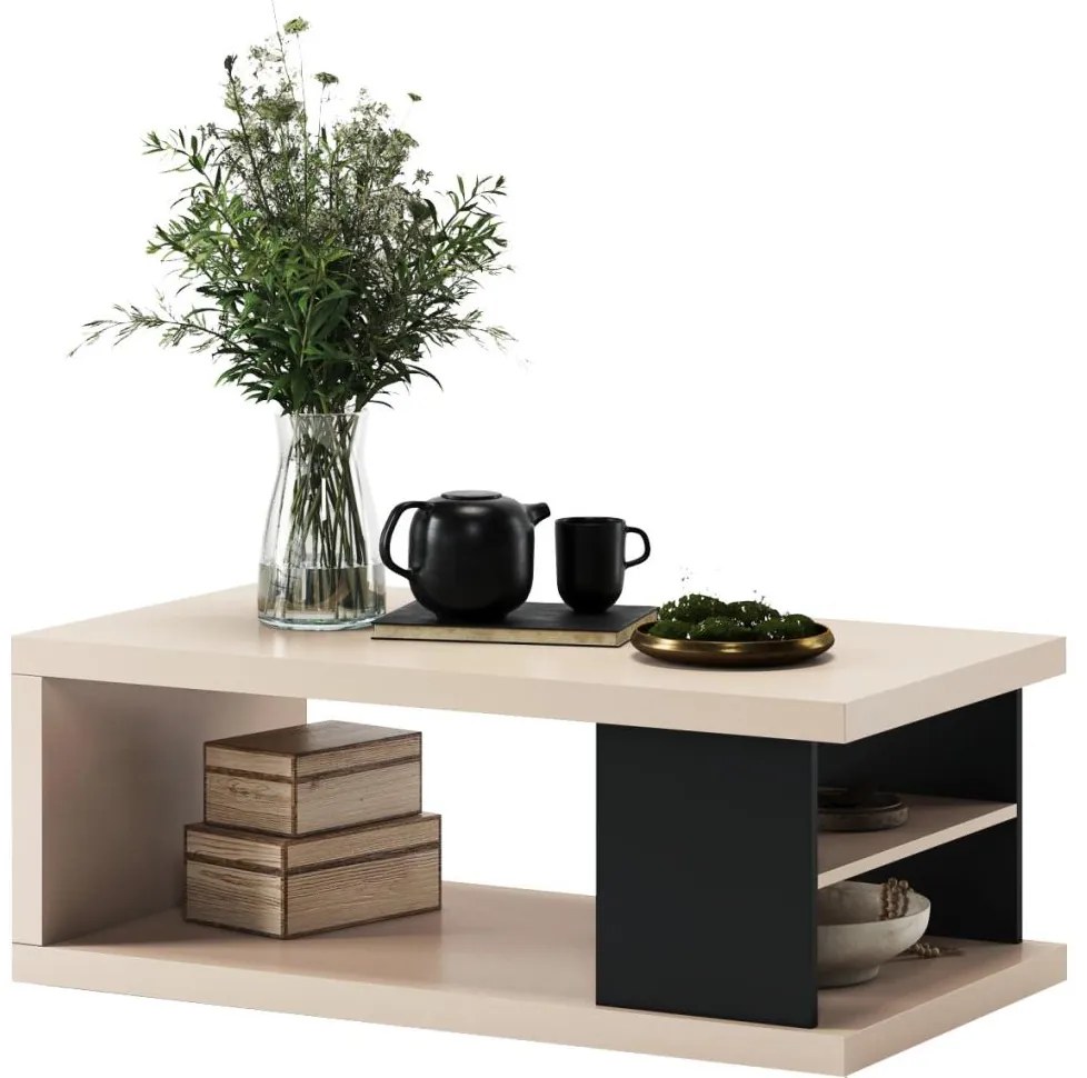 Konferenčný stolík LORA s policou a úložným priestorom, béžový/čierny