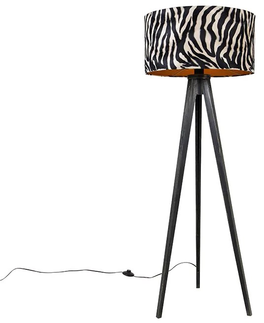 Stojaca lampa trojnožka čierna s tienidlom so vzorom zebry 50 cm - Tripod Classic