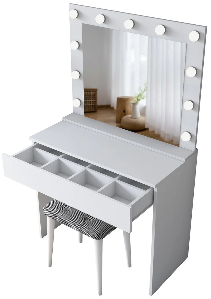 Minimalistický toaletný stolík Alisson III s LED zrkadlom a taburetom biely