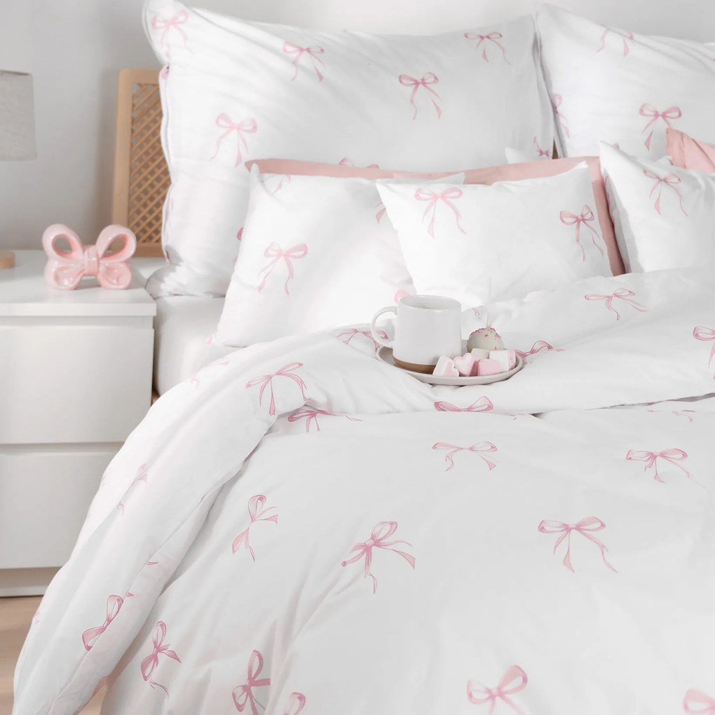 Goldea bavlnené posteľné obliečky - ružové mašličky 140 x 200 a 70 x 90 cm