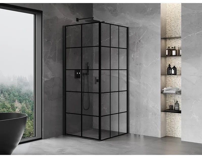Mexen Mist-B, 1-krídlový výklopný sprchový kút ľavý 80 x 80 cm, čierna mriežka, čierny - 8A2T-080-080-70-77-L