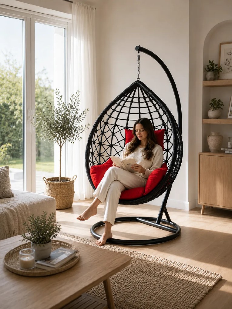 Závesné ratanové hojdacie kreslo LINDA PLUS čierne