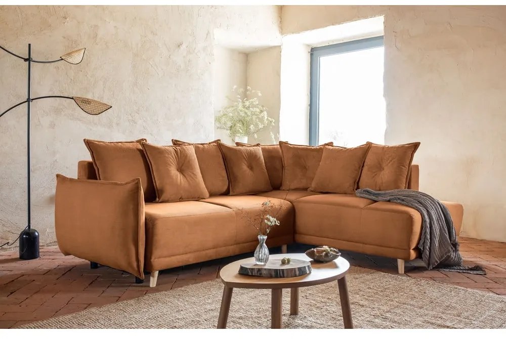 Menčestrová rozkladacia rohová pohovka v tehlovej farbe (pravý roh) Lazy Lukka – Miuform