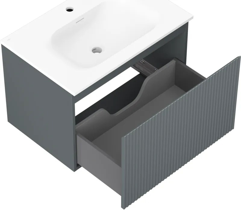 Mexen Rivel, kúpeľňová skrinka 70 cm s umývadlom Vela, 1 zásuvka, drážkovaná, grafitová matná/biela matná, 91A20-07047-1-BF66-W23M01