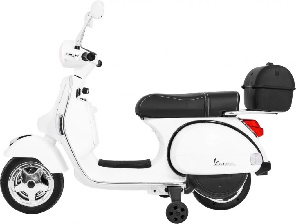 Ramiz Vespa elektrický skúter pre deti Biely + pomocné kolieska + audio + ekokoža + EVA + pomalý štart