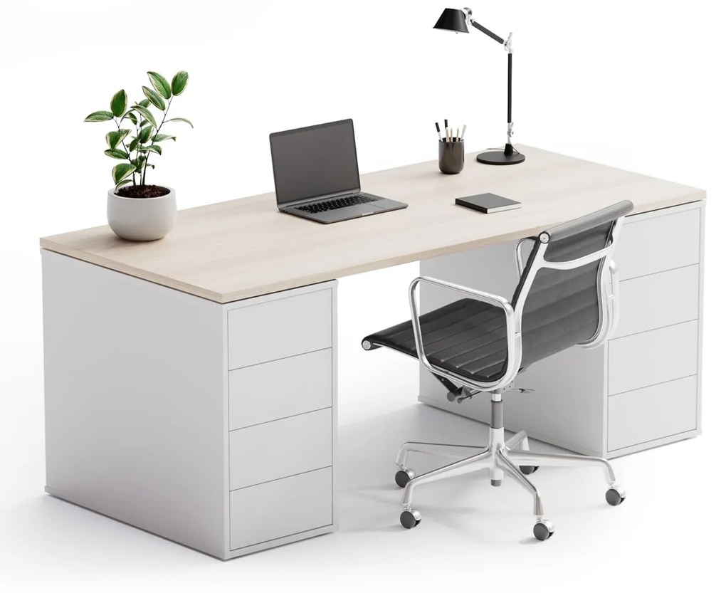 Kancelársky písací stôl s úložným priestorom BLOCK B03, biela/dub prírodný