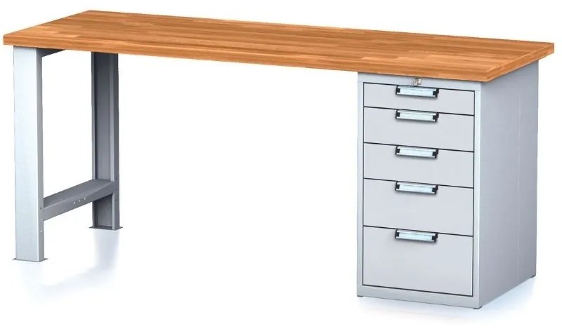Alfa 3 Dielenský pracovný stôl MECHANIC I, pevná noha + dielenský box na náradie, 5 zásuviek, 2000 x 685 x 880 mm, sivé dvere