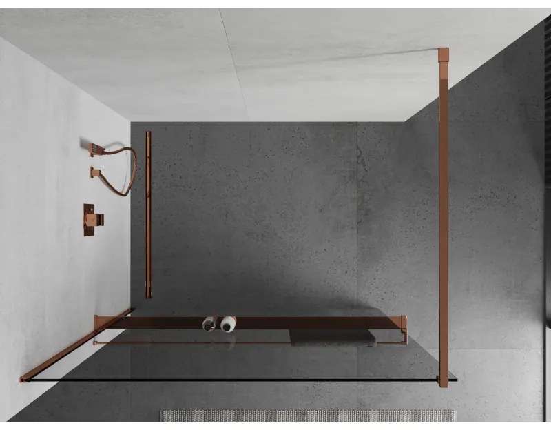 Mexen Kioto, sprchová zástena Walk-in s poličkou a vešiakom 95 x 200 cm, 8mm číre sklo, profil ružové zlato, 800-095-121-60-00