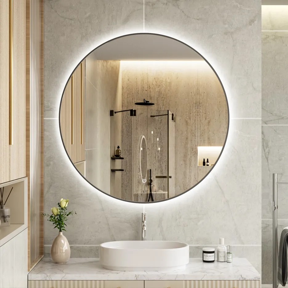 Erga Emma, okrúhle LED zrkadlo 100cm, čierny kovový rám, 2300 lm, 6500K, zadné osvetlenie, ERG-V01-201-1010-BK