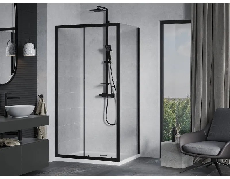 Mexen Apia, sprchový kút s posuvnými dverami 140 (dvere) x 90 (stena) cm, 6mm číre sklo, čierny profil + biela sprchová vanička, 840-140-090-70-00-4010B