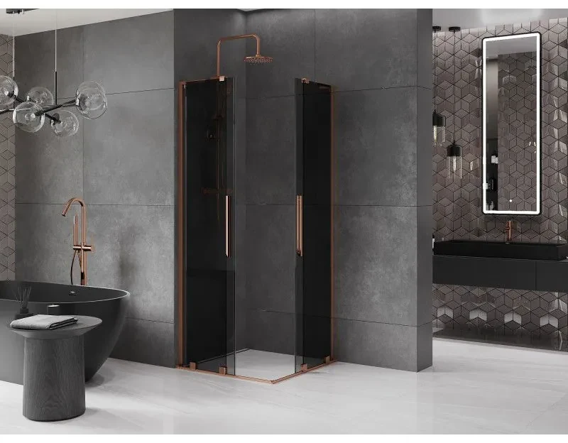 Mexen Velar L Duo, sprchový kút s posuvnými dverami 90 x 90 cm, 8mm šedé sklo, ružové zlato, 871-090-090-02-43-60