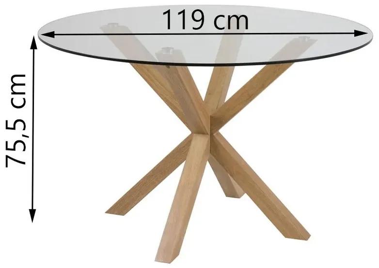 Jedálenský stôl EFRATI Ø119 cm dubové nohy, sklo priehľadné