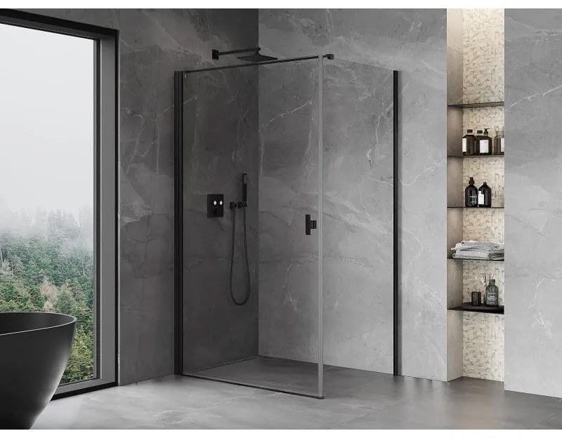 Mexen Mist-B, 1-krídlový výklopný sprchový kút 75 x 85 cm, číre sklo, čierny profil, 8A2T-075-085-70-00