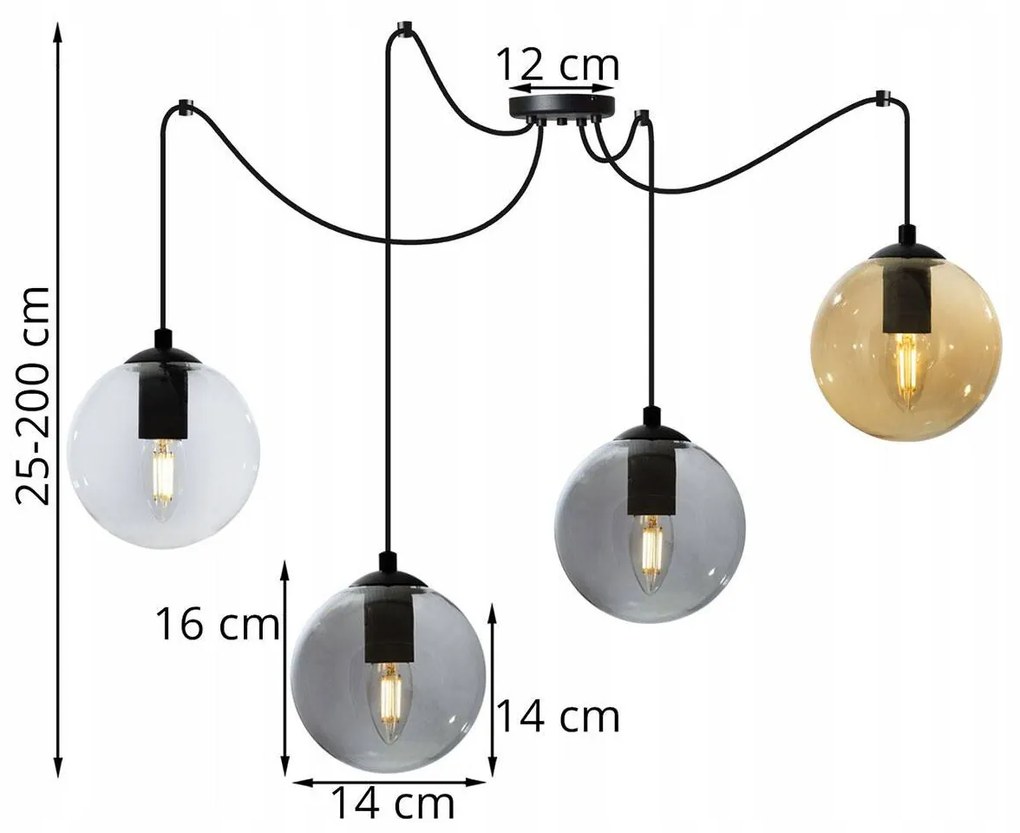 Závesné svietidlo Paris spider, 4x sklenené tienidlo (mix 3 farieb)