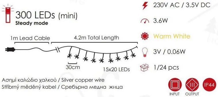 ACA Lighting LED dekoračná strieborná girlanda Starburst, 420 cm, teplá biela farba, 230V