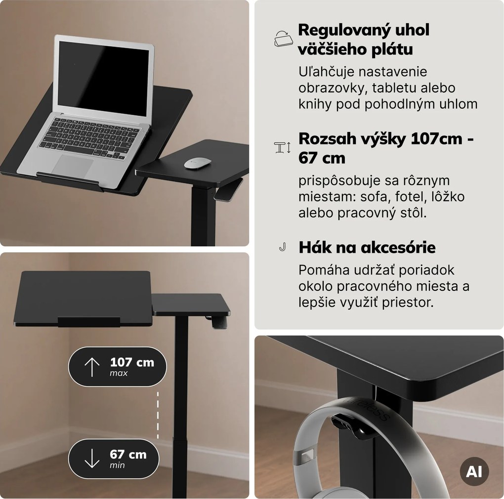 Stolík pod notebook nastaviteľný, mobilný, multifunkčný, čierny: BILL