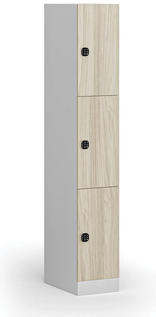 Šatníková skrinka S1 s úložnými boxmi, 3 boxy, 1850 x 300 x 500 mm, kódový zámok, laminované dvere, dub prírodný