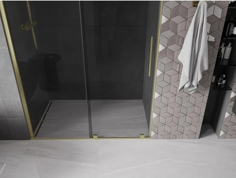 Mexen Velar, posuvné sprchové dvere do otvoru 140 cm, 8mm šedé sklo, zlatá matná, 871-140-000-41-55
