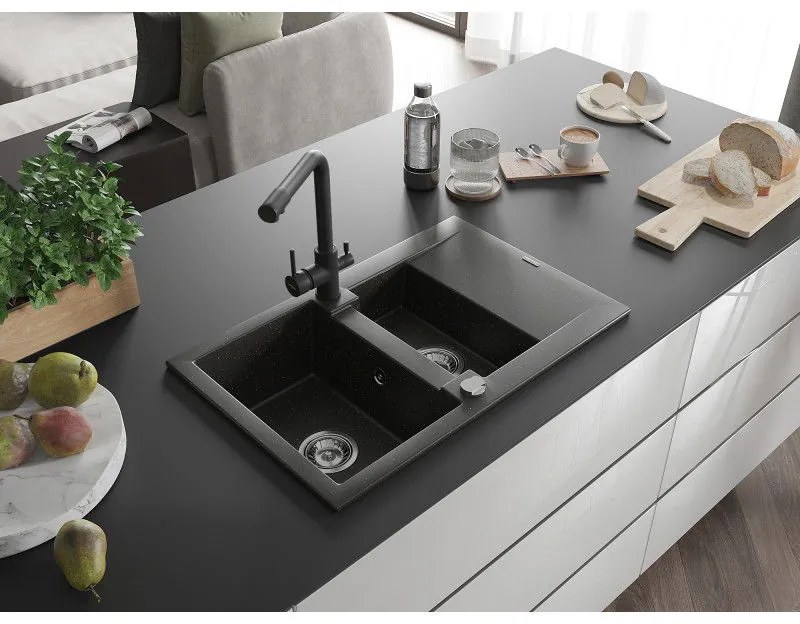 Mexen Gaspar, granitový drez 737x475x177 mm, 1,5-komorový, čierna batéria Duero, čierna-zlatá metalíza, 6507-75-671600-70