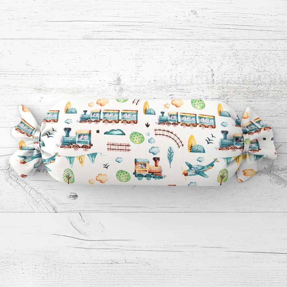 Biante Detský vankúš valec bonbon Sandra SA-659 Modré vláčiky s lietadielkami na bielom 15x40 cm