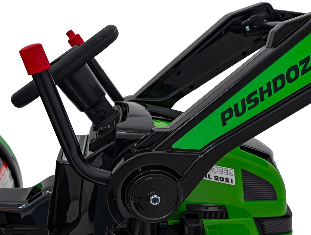 Zelený detský traktorový bager na batérie + pohyblivé rameno + diaľkové ovládanie + pomalý štart + FM rádio + LED